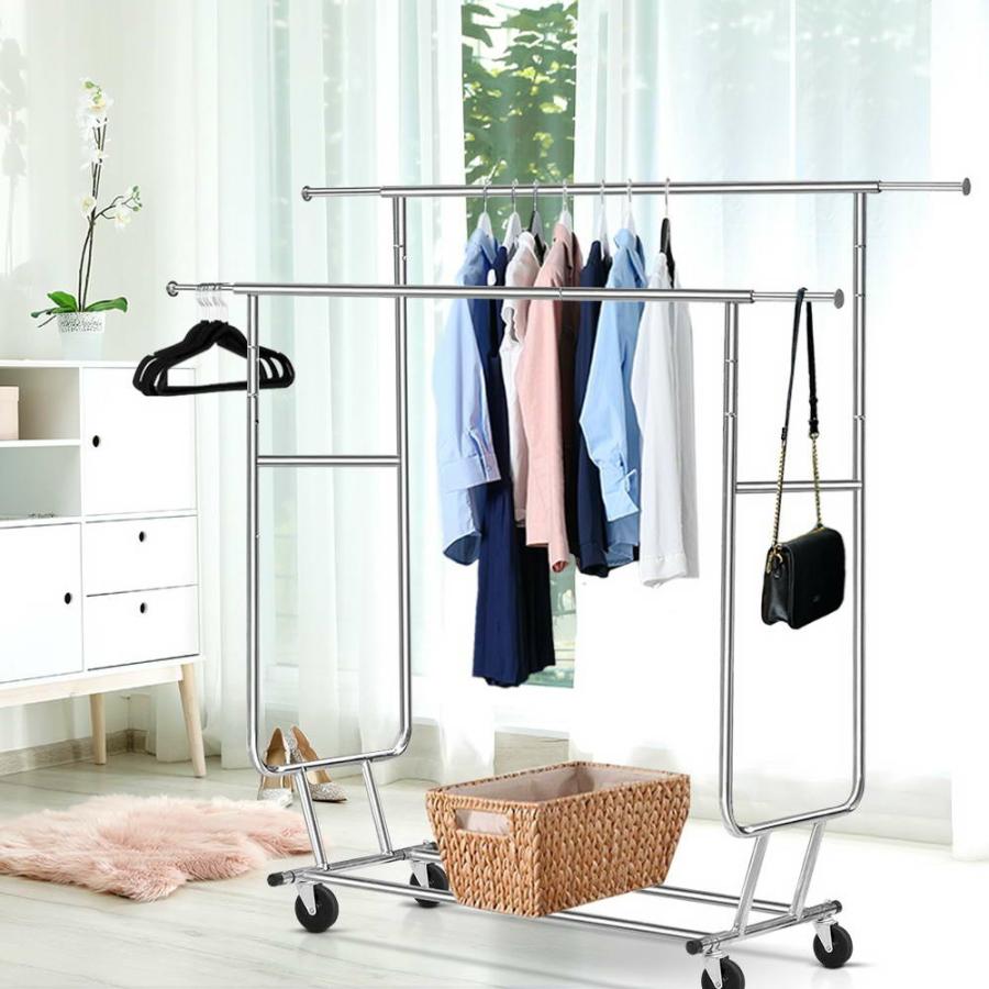 Laundry Storage & Accessories |   6Ft Double Rail Clothes Rack Coat Stand Adjustable Garment Rolling Hanger Kitchen & Laundry Laundry