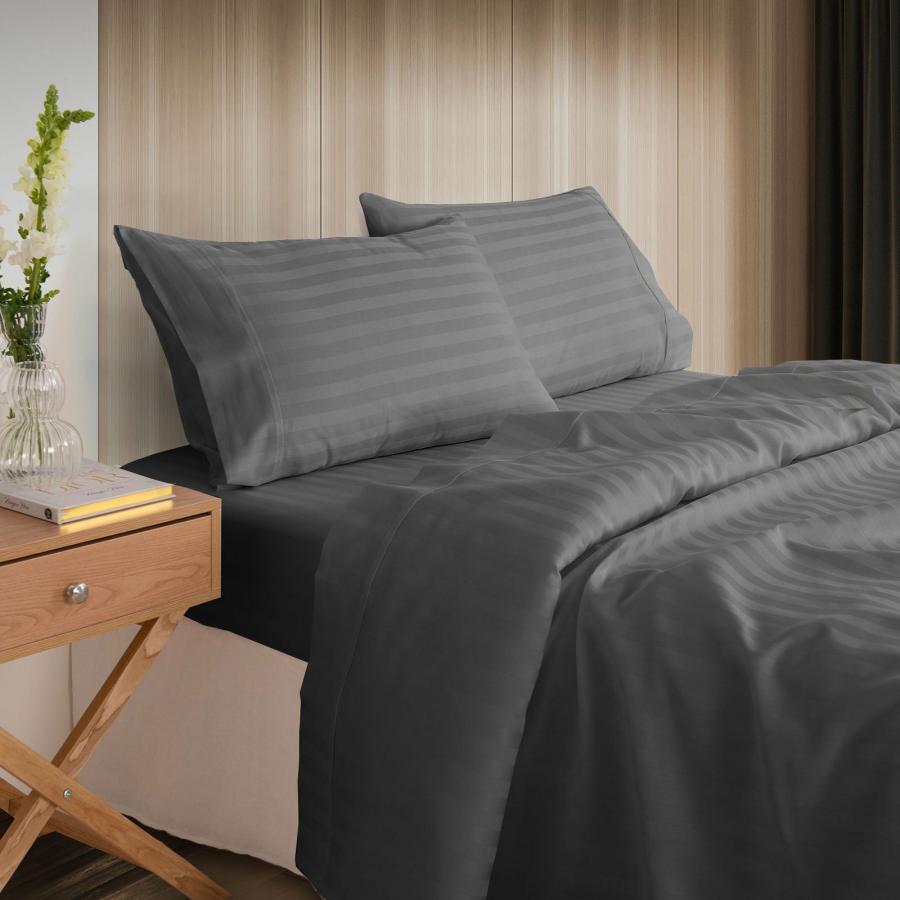 Sheets |   Queen 1200Tc Cotton Sheet Set In Stripe – Charcoal Beddings Sheets